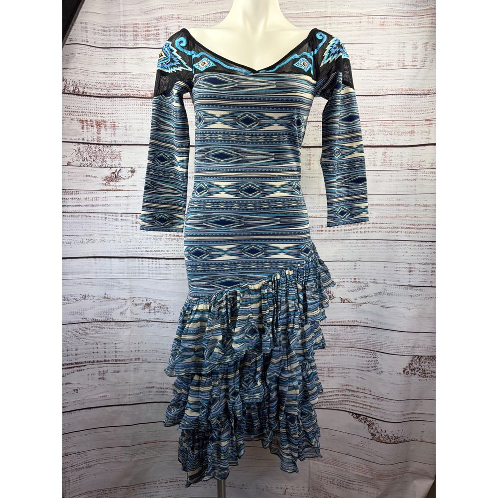 Vintage Collection Ruffle Hem Midi SM Dress Embroidered Mesh Beaded Boho Accent